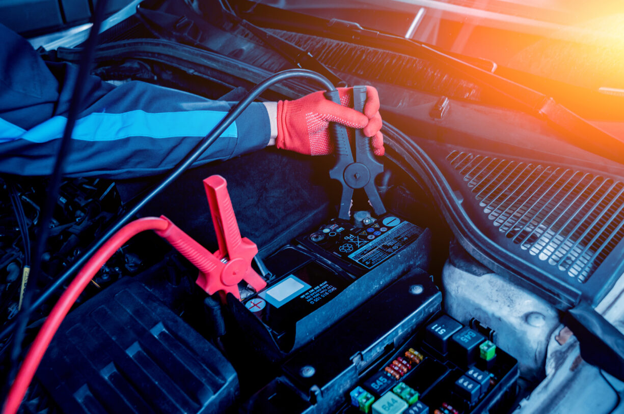 A car battery being worked on at a service department